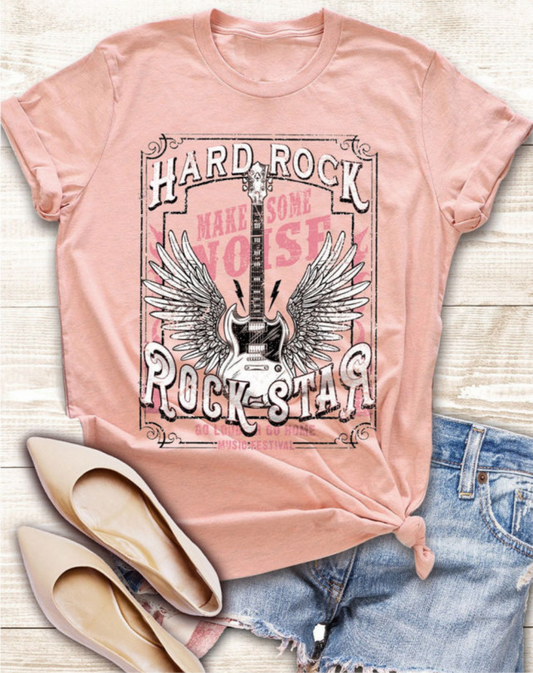 Pink Hard Rock Guitar Crew Neck T Shirt